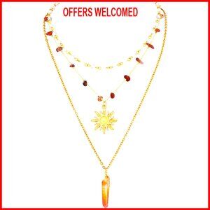 Layered Crystal Sun Necklace, Boho Hippie Jewelry, Zinc Alloy & Titanium Steel